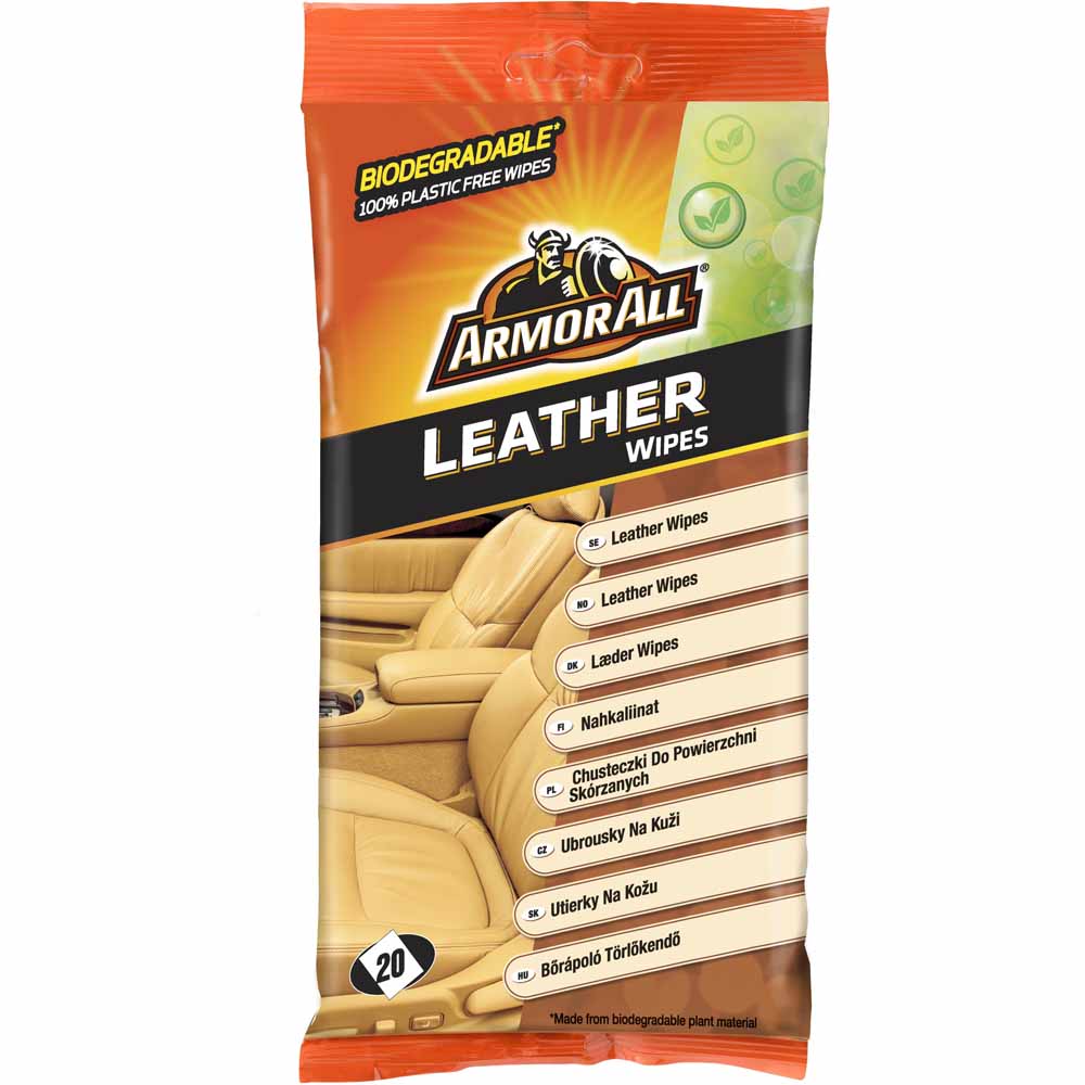 Armor All Leather Flow Wipes  - wilko Clean, condition and protect your automotive leather interior with these leather flow wipes by Armor All. The pack contains extra-strong leather wipes that are specially formulated to clean dirt and grime safely and effectively. The wipes also protect the leather against spills or stains and keep it looking good as new. The wipes are perfect to protect and maintain the appearance of your car's leather. Directions: 1. Wipe surface clean with Armor all leather wipes to maintain appearance and protection. 2. Dispose of wipe in trash. Do not flush. Use only as directed. Not for personal cleansing. Not for use on floors, vehicle controls (pedals, grips, steering wheels), bench or cycle seats, cycle tyres, brake drums and other surfaces where slipperiness may be hazardous. Do not use on or near clear plastic or plexiglass surfaces or glass (may cause smearing).