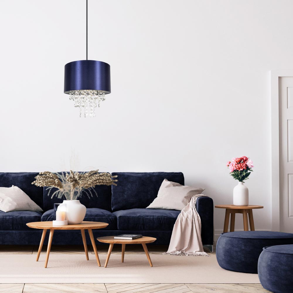 Happy Homewares Navy Blue Satin Fabric Pendant Shade with Transparent Acrylic Droplets Image 2