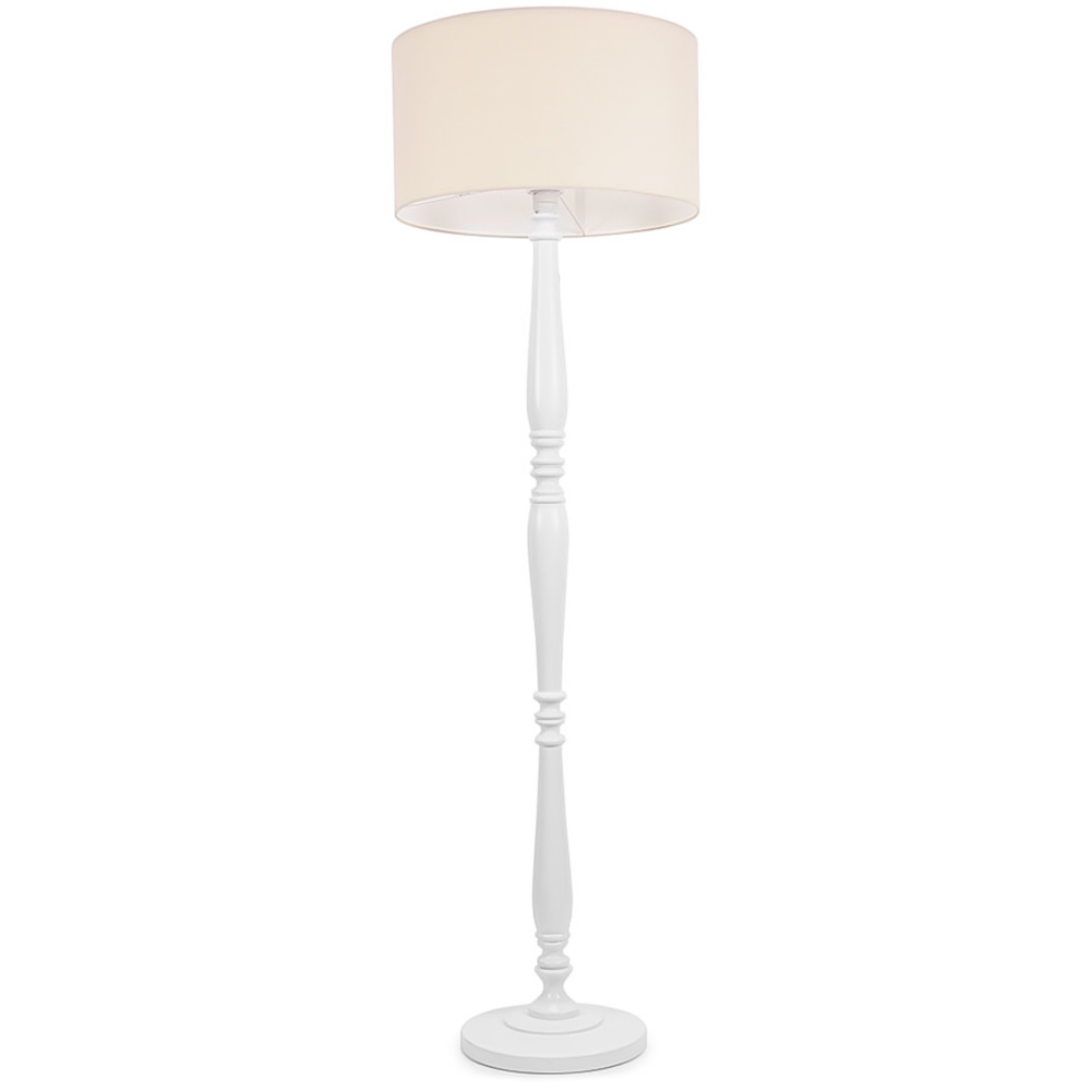 ValueLights Victoria Natural Fabric Drum Shade White Wood Traditional Stem LED Floor Lamp Image 1