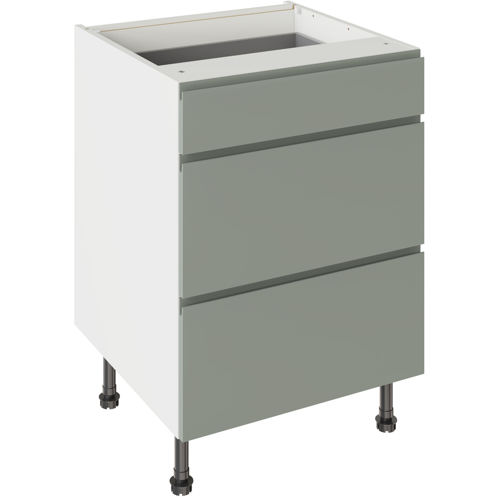 Kitchen Kit J-Pull Matt Sage Green 3 Drawer Base Kitchen Cabinet Flatpack 600mm Image 1