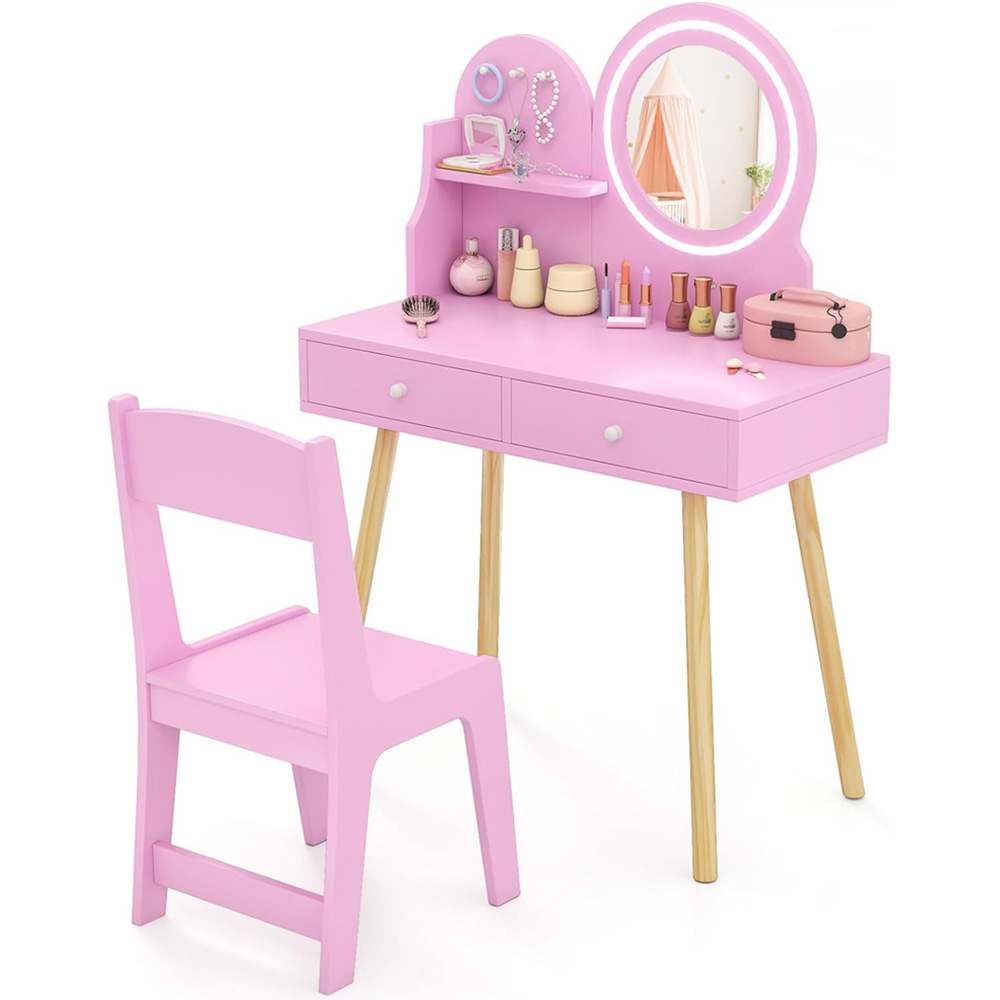 Costway 2 Drawer Pink LED Mirror Wooden Kid Vanity Set Image 2