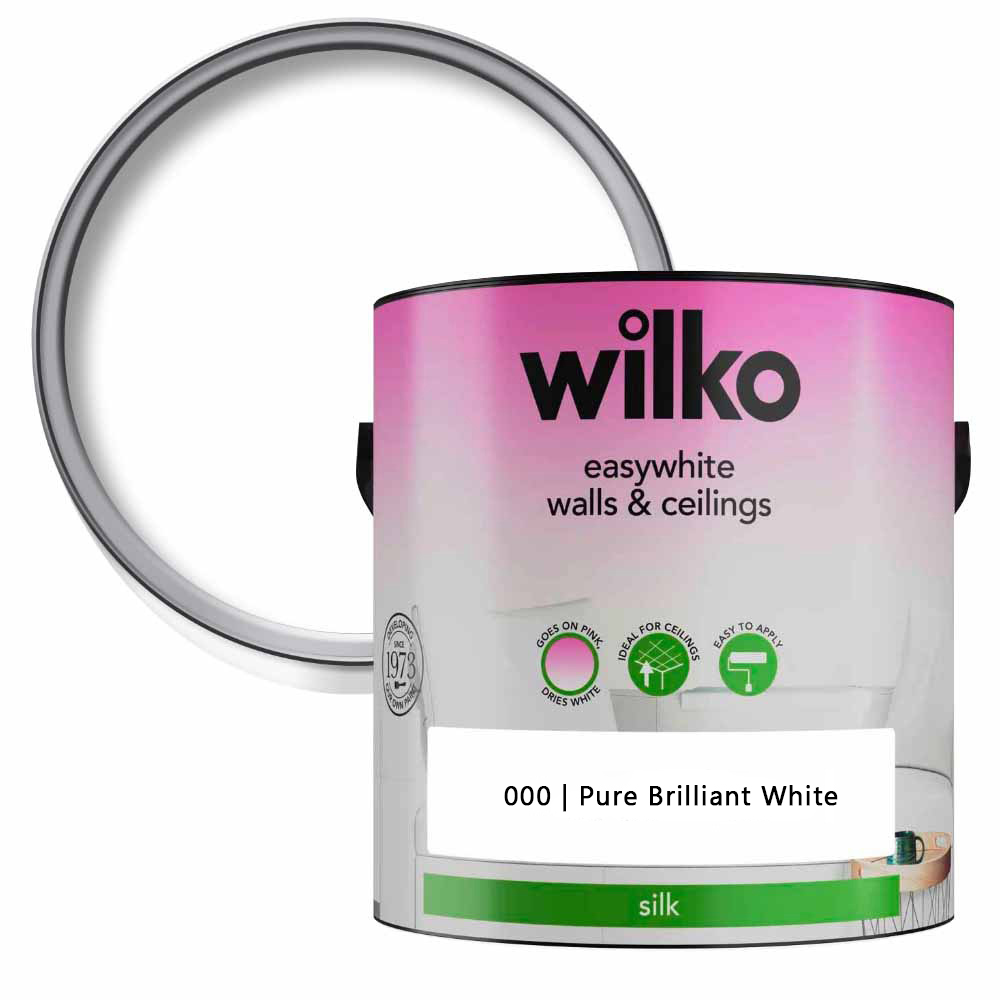 Wilko Easywhite Walls & Ceilings Pure Brilliant White Silk Emulsion Paint 2.5L Image 1