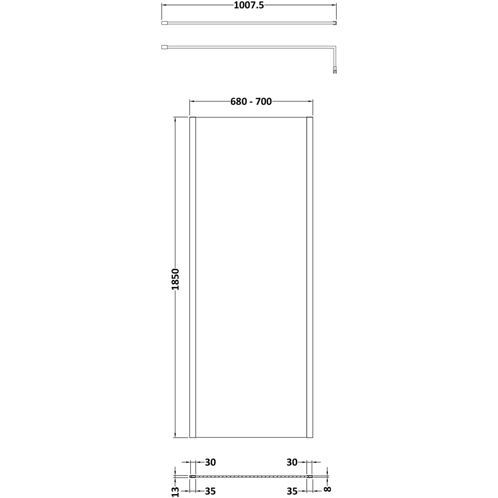 nuie Brushed Brass Outer Framed Wetroom Screen with Support Bar 1850 x 700mm Image 2