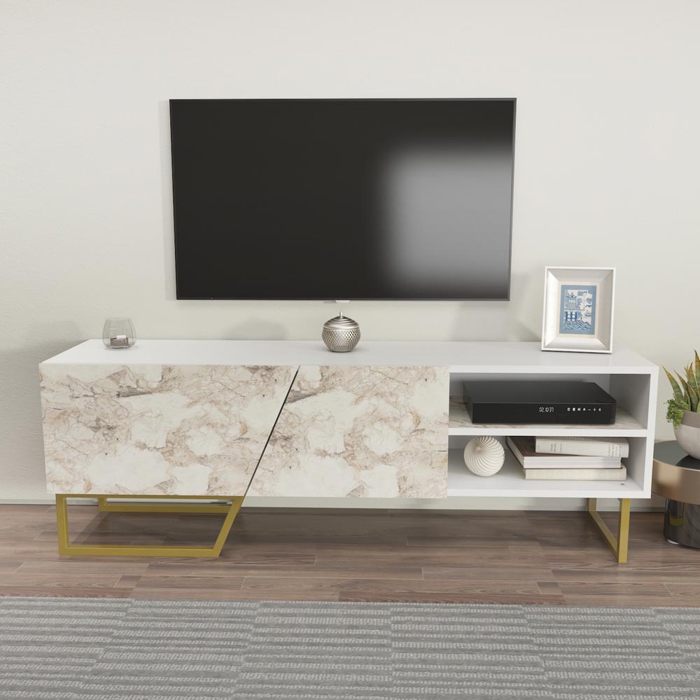 Decorotika Denasse White Marble Effect and Gold TV Unit Image 4