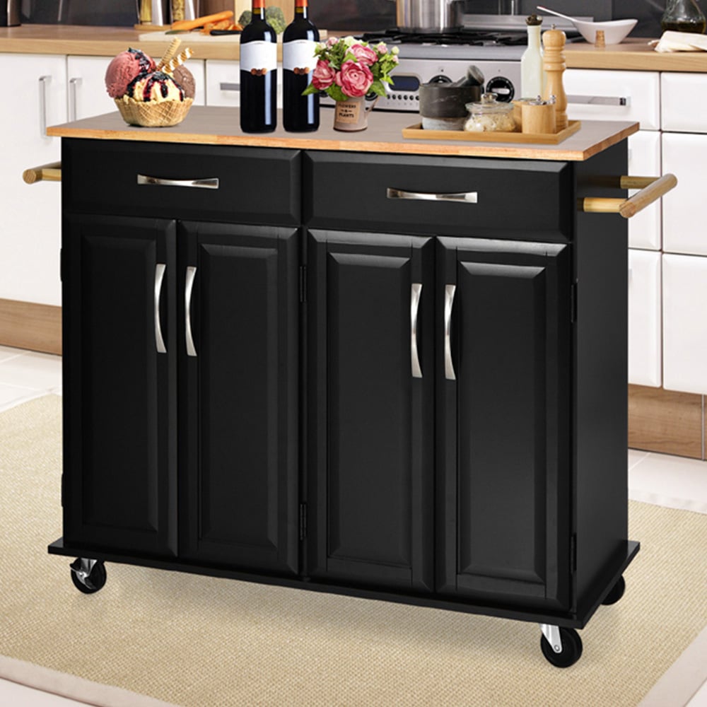 Costway 2 Door 2 Drawer Black Rubberwood Countertop Rolling Kitchen Island Cart Image 2