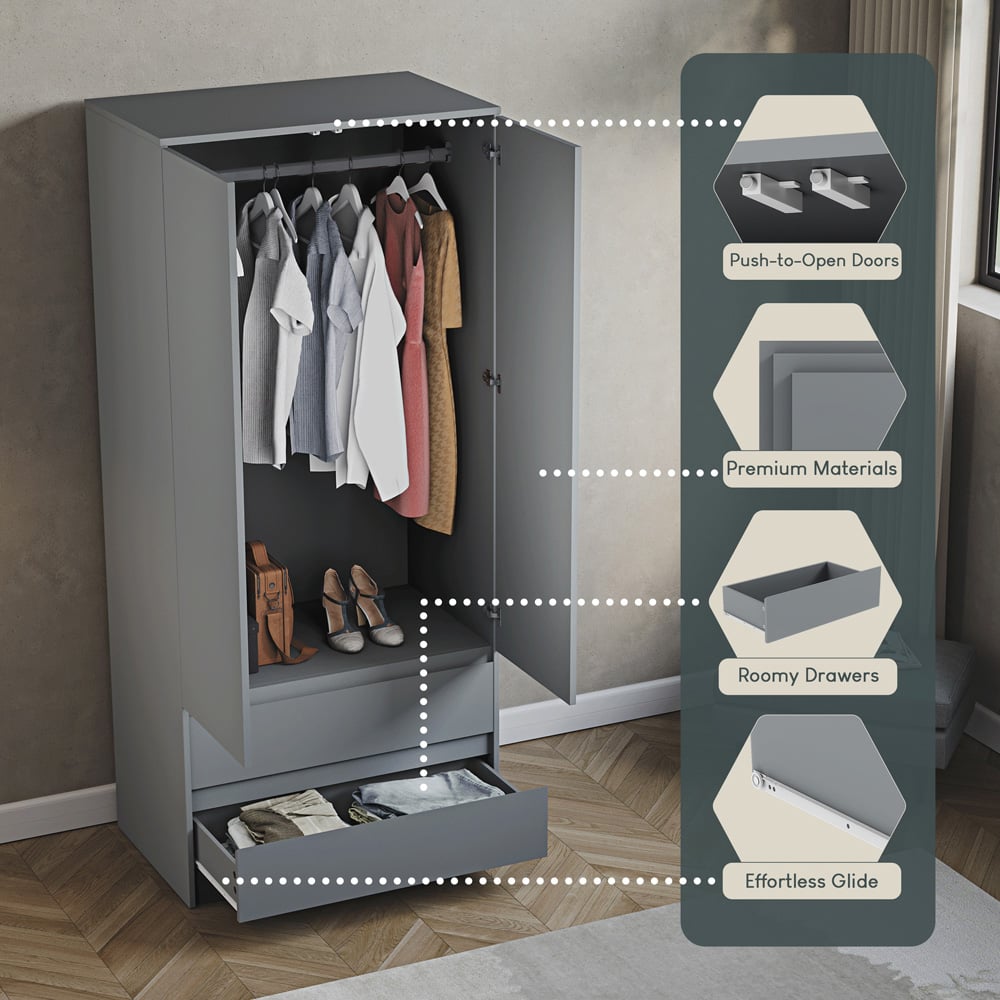 VIDA DESIGNS Denver 2 Door 2 Drawer Grey Wardrobe Image 6