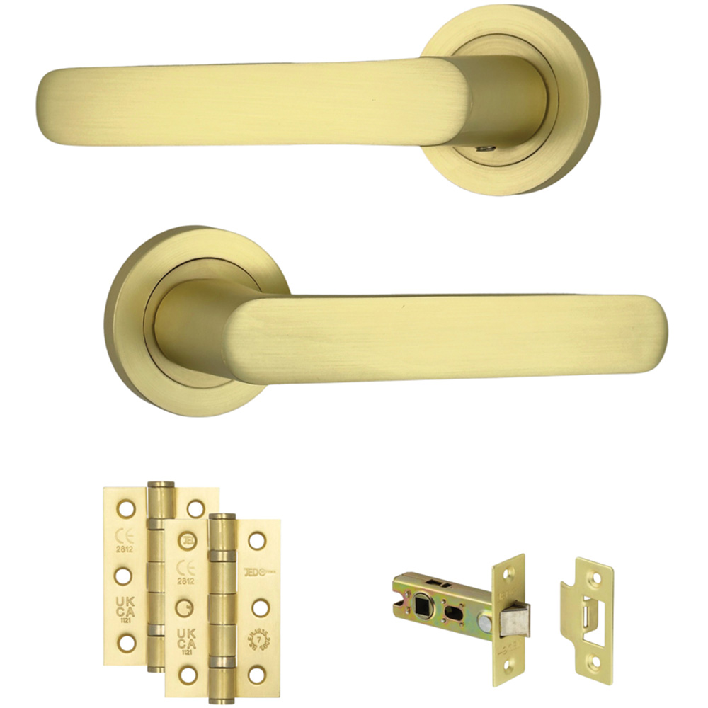AXS Hardware Harlem Satin Brass Latch Door Handles on Rose 4 Pack Image 1