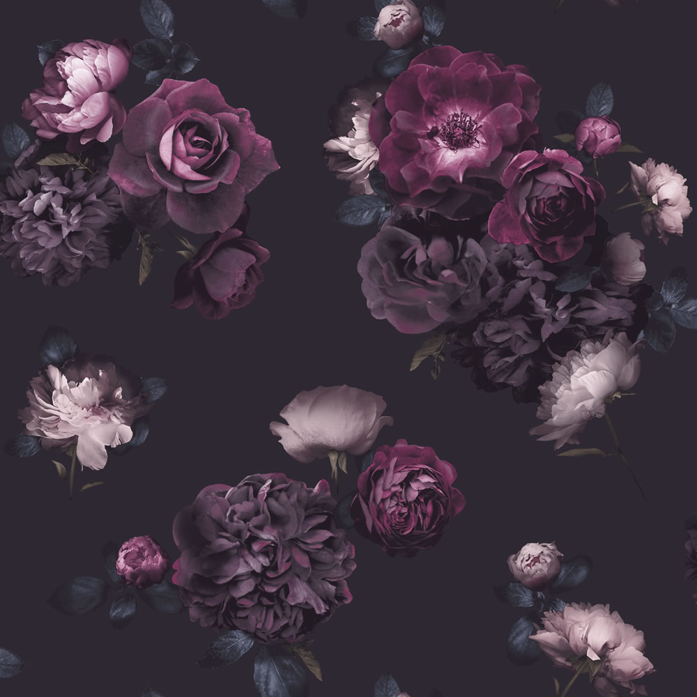 Arthouse Wallpaper Euphoria Floral Plum  - wilko This on-trend, eye-catching photographic oversized-floral wallpaper showcases stunning dark flowers in bloom, in romantically dark colours for the ultimate statement look. Roll length: 10.05m. Roll width: 53cm. Pattern Match: Off set 26.5cm. Application: Paste the paper. Finish: Smooth Arthouse Wallpaper Euphoria Floral Plum