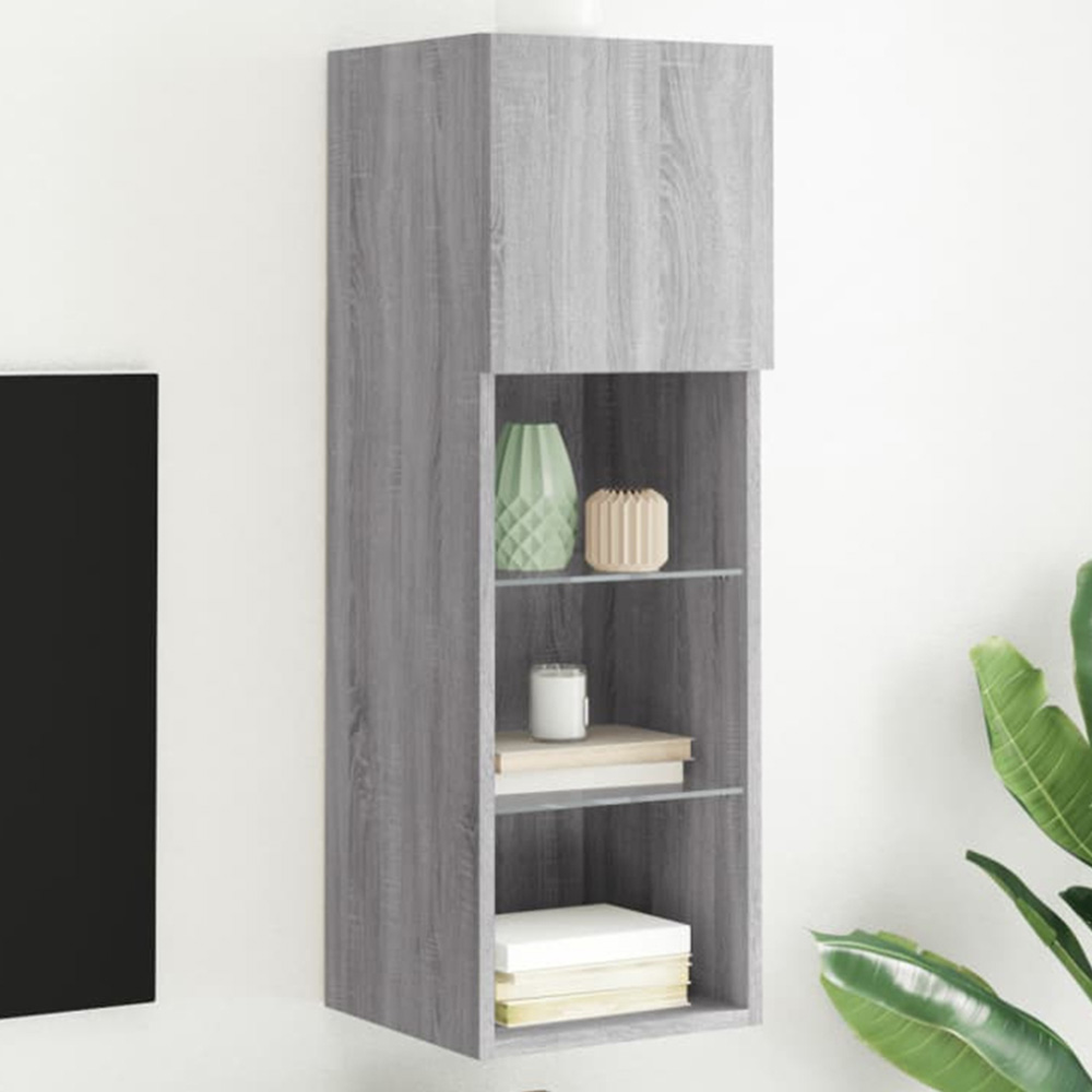 vidaXL Single Door 3 Shelf Grey Sonoma Small TV Cabinet with LED Lights Image 1