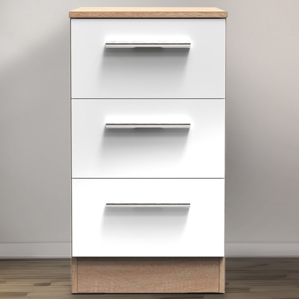 Crowndale Contrast 3 Drawer White Gloss and Bardolino Oak Bedside Table Image 1