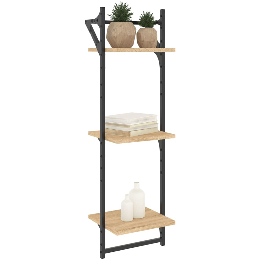 vidaXL 3 Shelf Sonoma Oak Wooden Floating Wall Shelf with Rods Image 3
