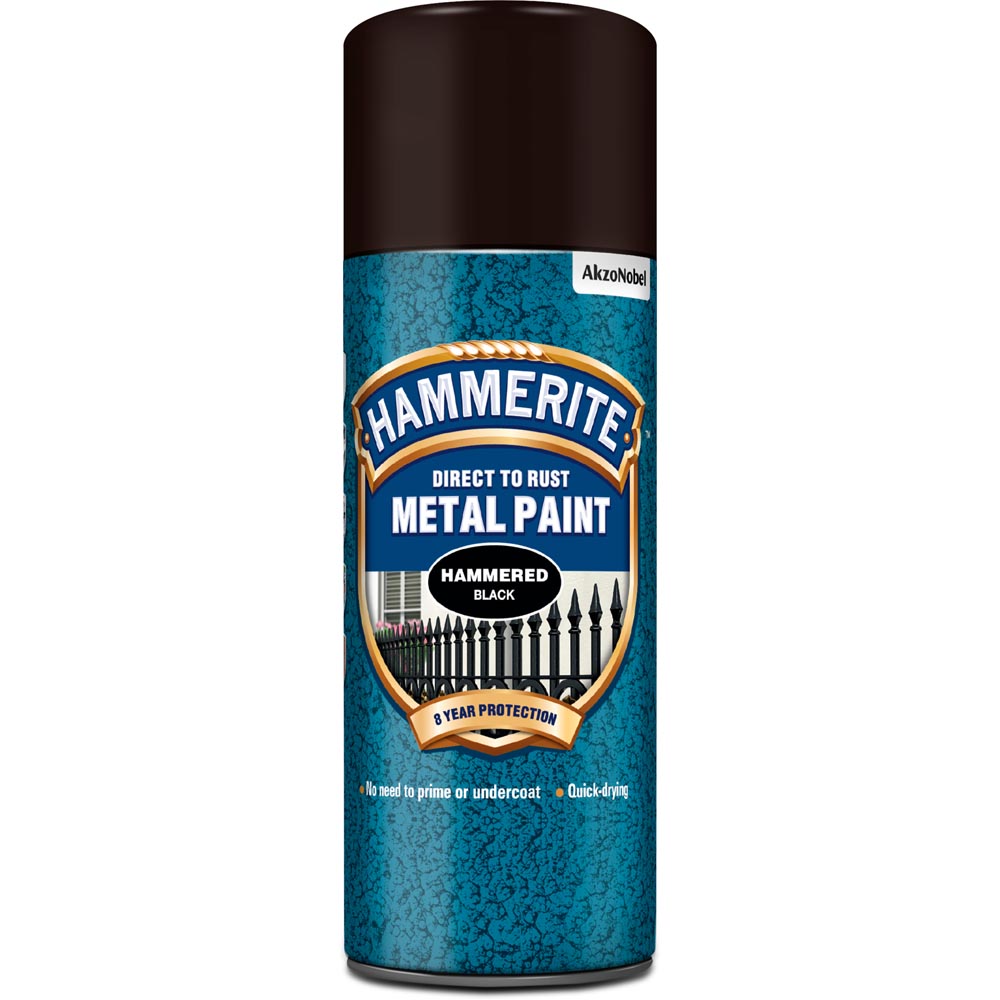 Hammerite Hammered Black Direct to Rust Metal Exterior Paint 400ml  - wilko Hammerite Metal Paint is specially formulated to perform as a primer, undercoat and topcoat. Should be applied directly to rust and will  stop it from  recurring. Specially formulated to perform as a primer, undercoat and topcoat in one. Use direct to rust. Solvent based paint.  Very high  VOC content.  May  produce an allergic reaction. WARNING Irritant Extremely flammable. Harmful to aquatic organisms. Always  read instructions. Coverage up to 0.5  square  metre. Hammerite Hammered Black Direct to Rust Metal Exterior Paint 400ml