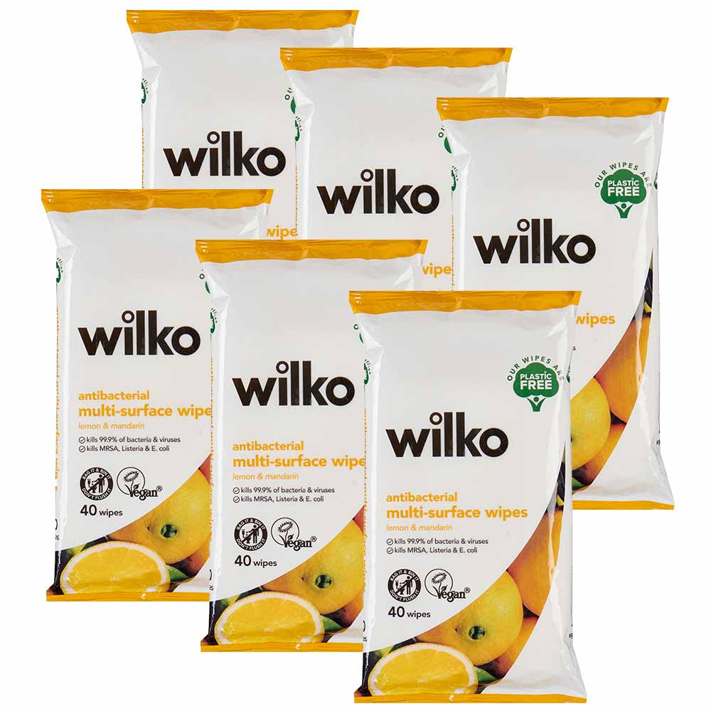 Wilko Plastic Free Antibacterial Lemon Wipes 6 x 40 Multipack Image 1