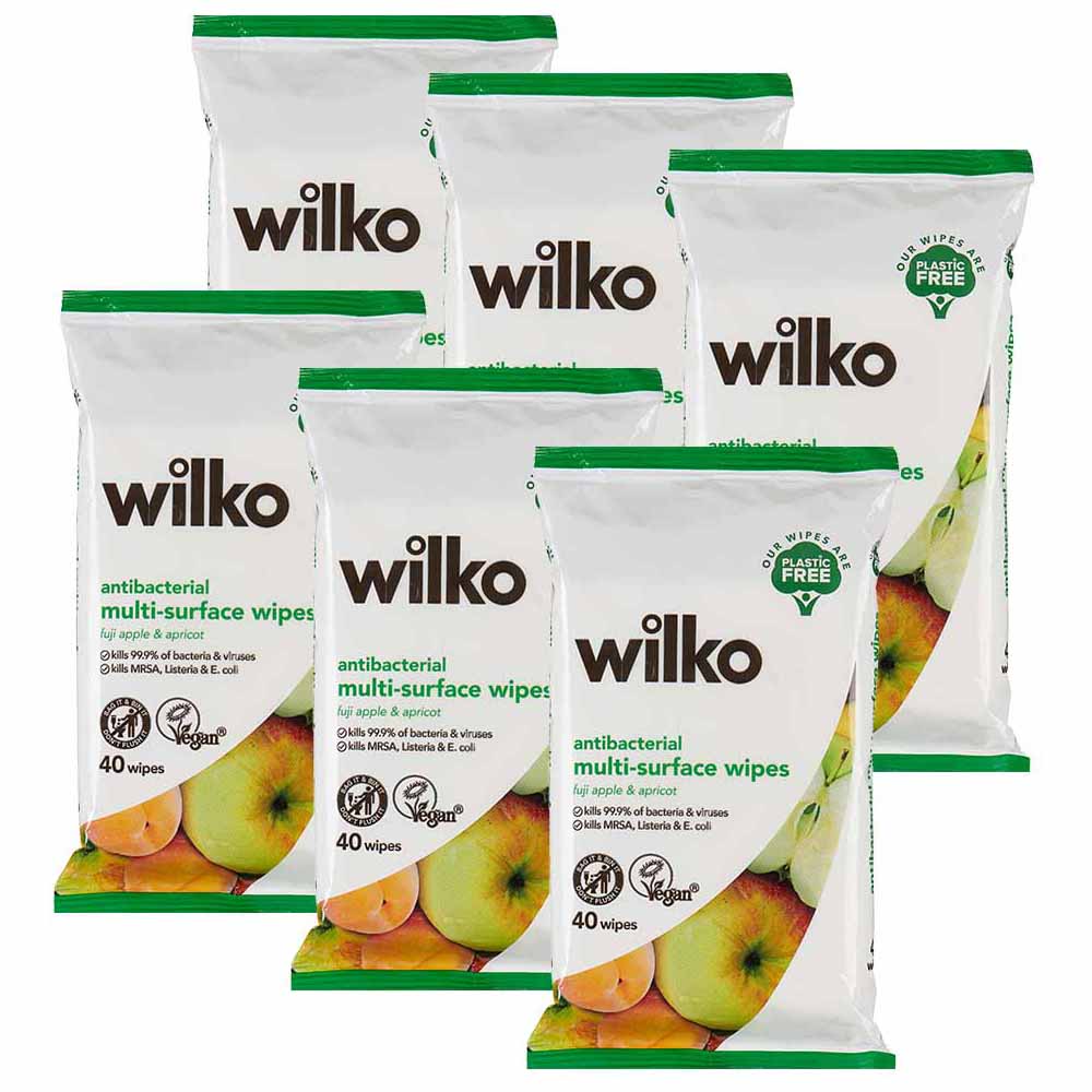 Wilko Fuji Apple and Apricot Plastic Free Antibacterial Wipes 6 x 40 MultiPack Image 1