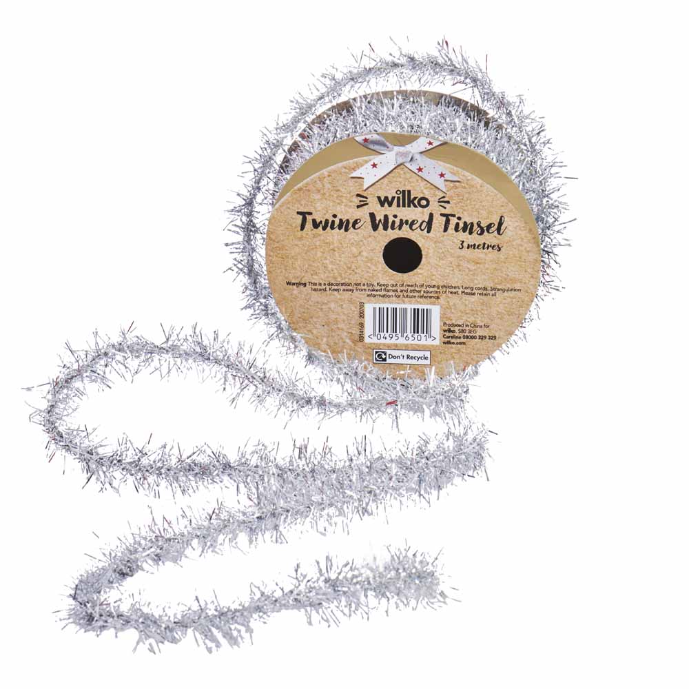 Wilko Sparkle Silver Twine Wired Tinsel 3m Wilko