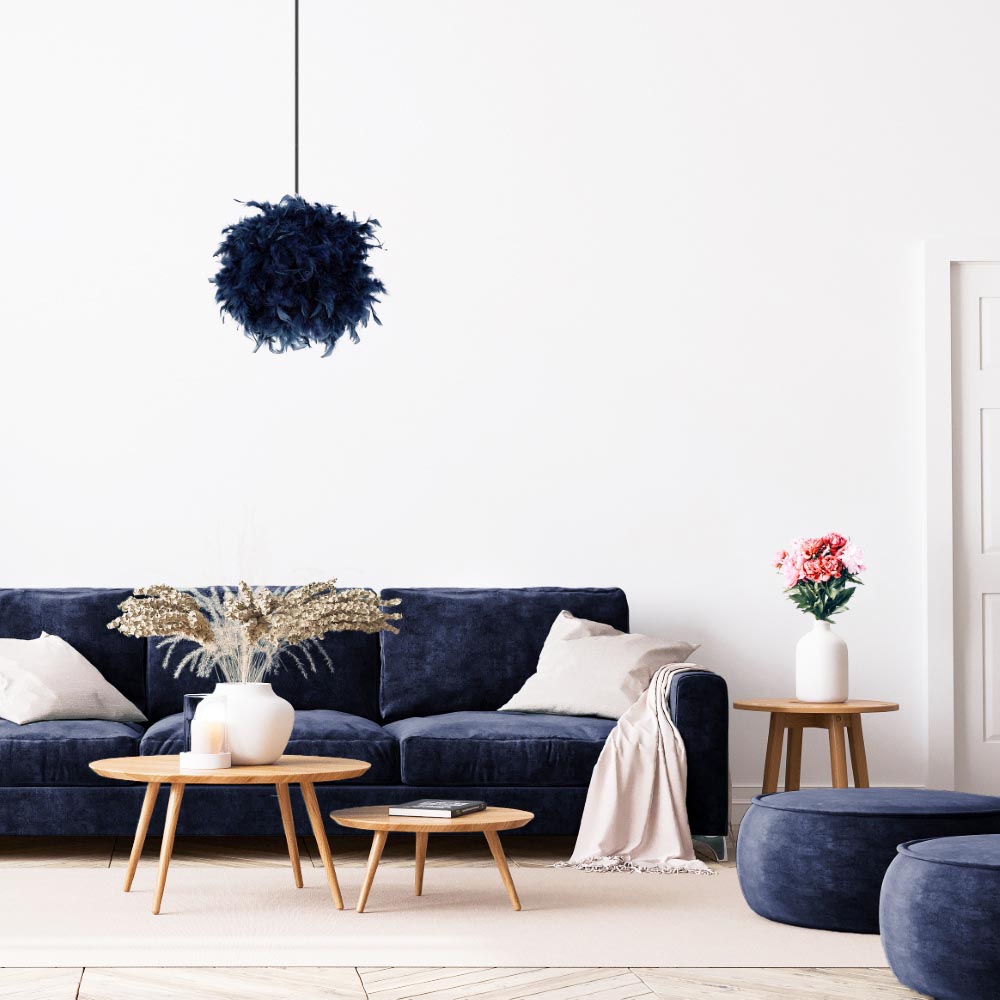 Happy Homewares Navy Blue Feather Decorated Pendant Shade Small Image 2