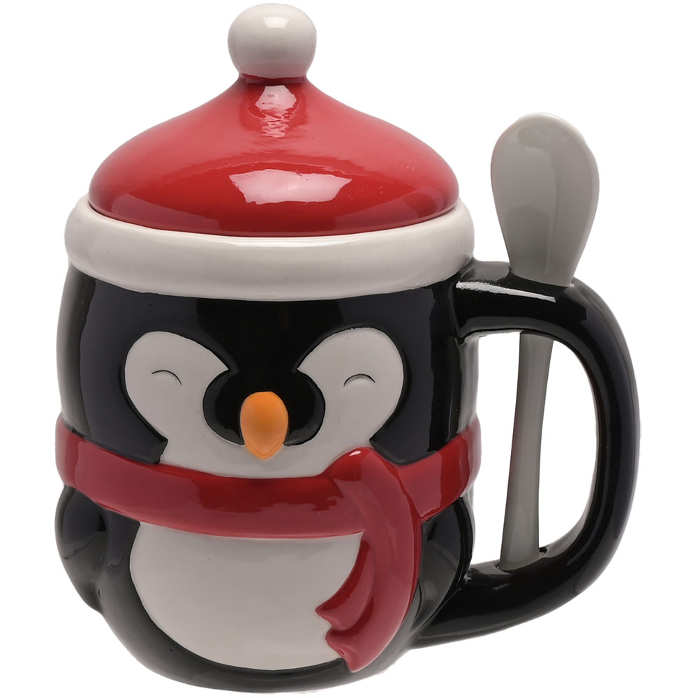 The Christmas Gift Co Black Lidded Penguin Mug with Spoon Image 1
