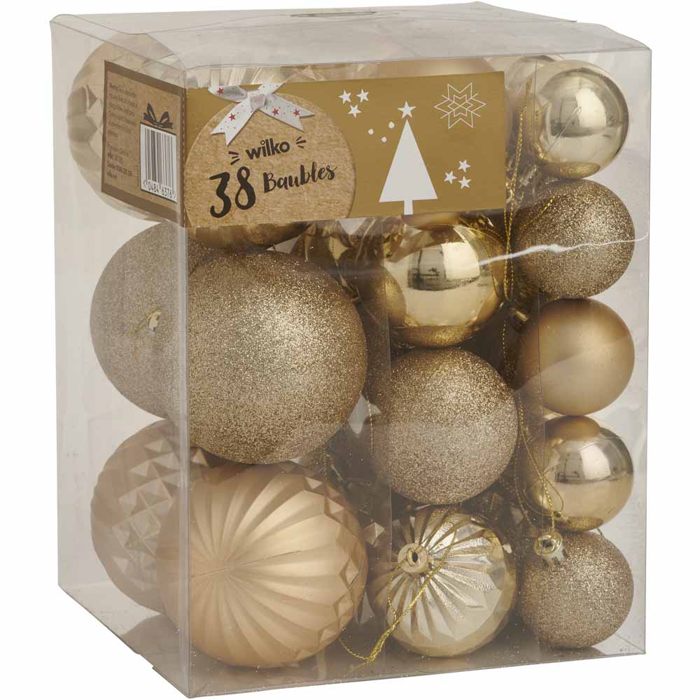 Wilko Rococo Assorted Gold Large Christmas Baubles 38 Pack Image 1