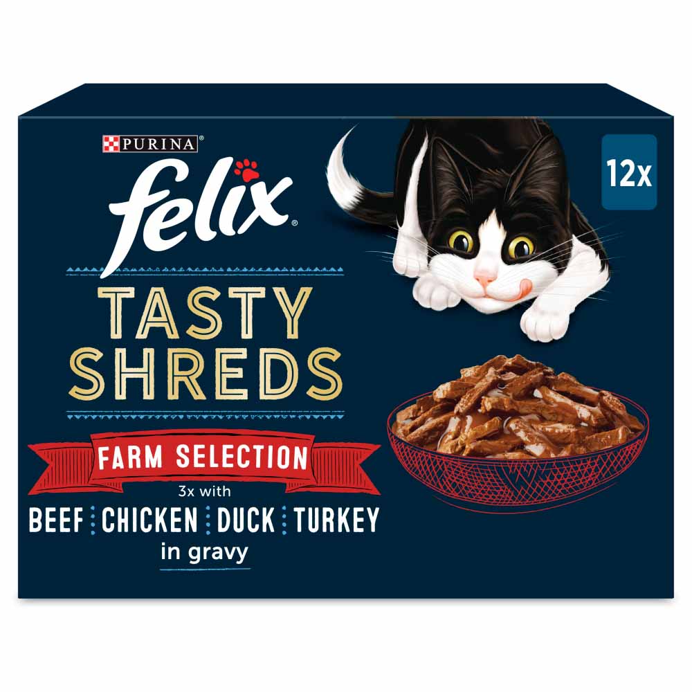 Felix Tasty Shreds Farm Selection in Gravy Cat Food 12 x 80g Wilko