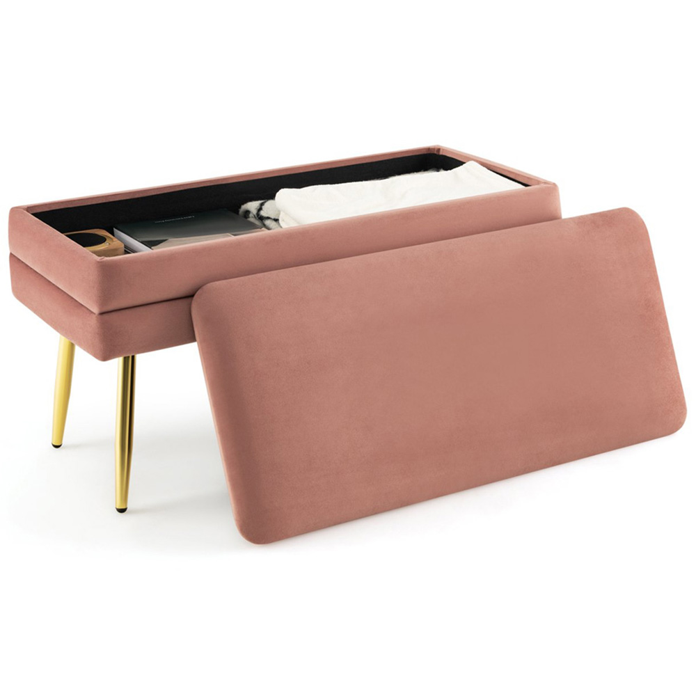Costway Pink Velvet Upholstered Storage Bench Image 2