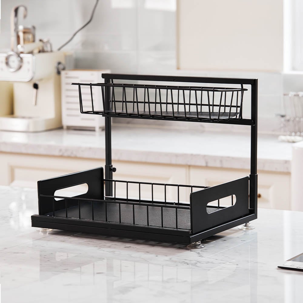 Living and Home 2 Tier Black Metal Under Sink Sliding Organiser Image 2