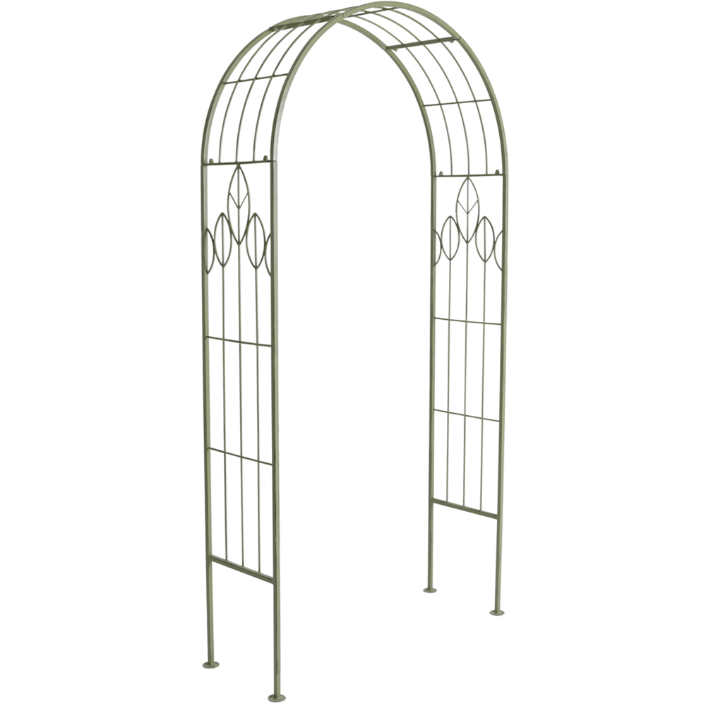 Charles Bentley 6.9 x 1.2 x 3.4ft Sage Green Rustic Metal Leaf Pattern Garden Arch Image 2