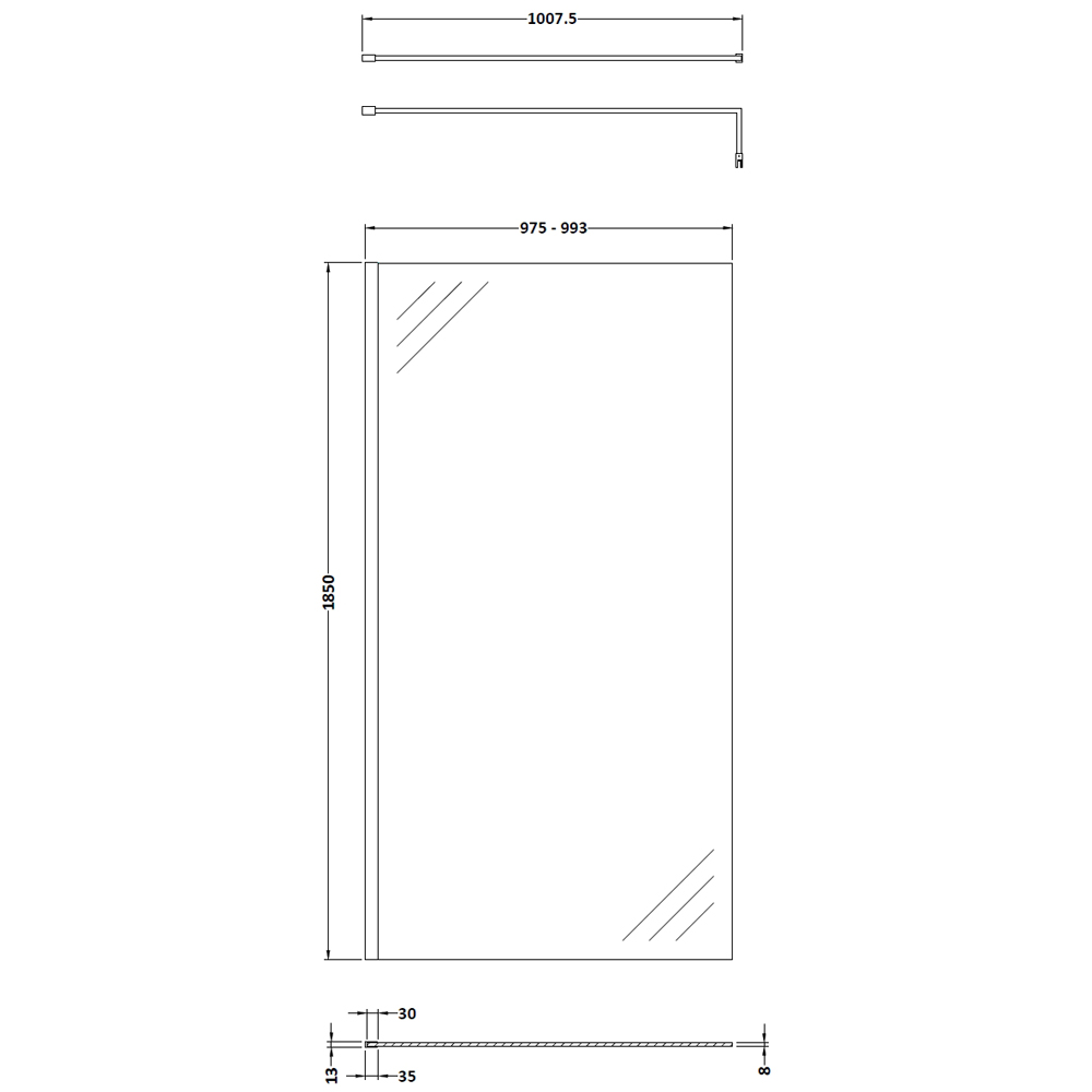 nuie Brushed Brass Wetroom Screen with Support Bar 1850 x 1000mm Image 3