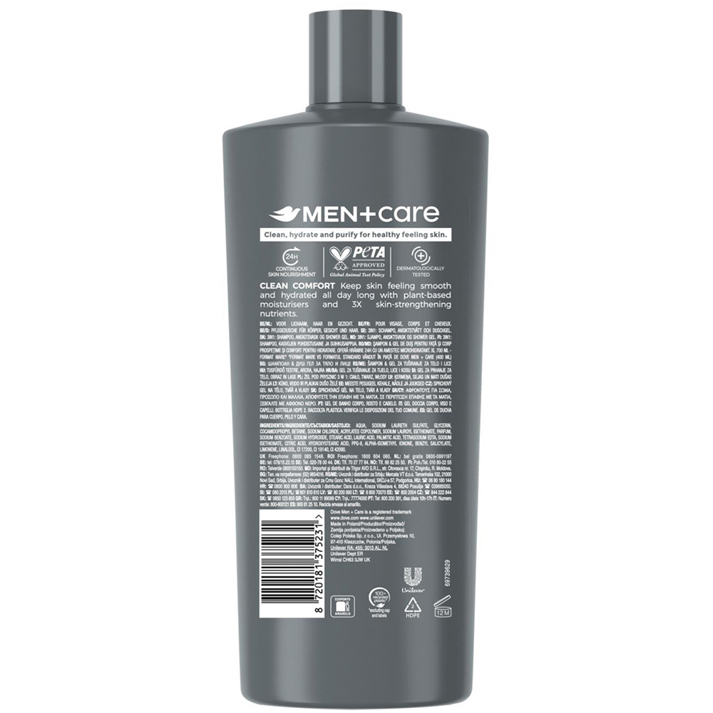Dove Men + Care Hydrating Clean Comfort 3-in-1 Body Face and Hair Wash 700ml 3 Pack Image 3