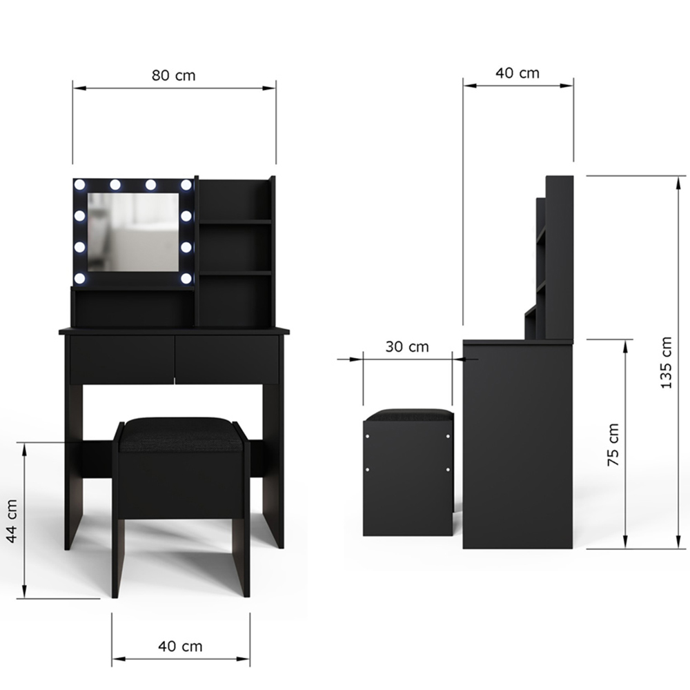 GFW Eva 2 Drawer 4 Shelf Black LED Mirror Dressing Table with Stool Image 9