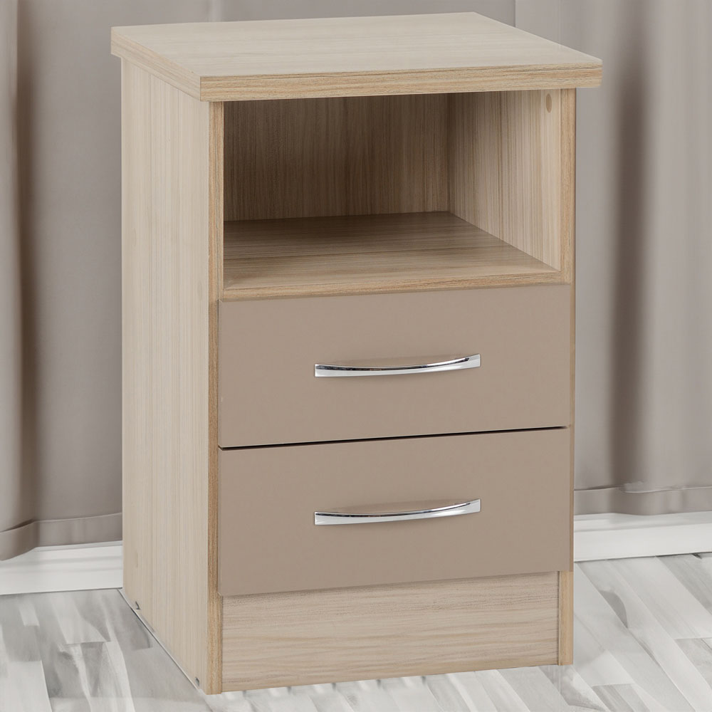 Seconique Nevada 2 Drawer Oyster Gloss and Light Oak Effect Veneer Bedside Table Image 1