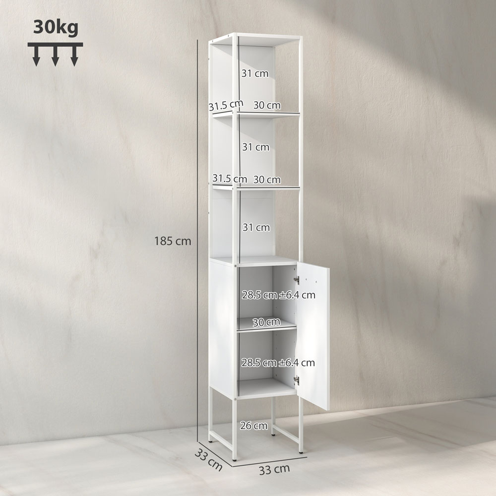 HOMCOM Single Door 3 Shelf White Adjustable Tall Bathroom Cabinet Image 9