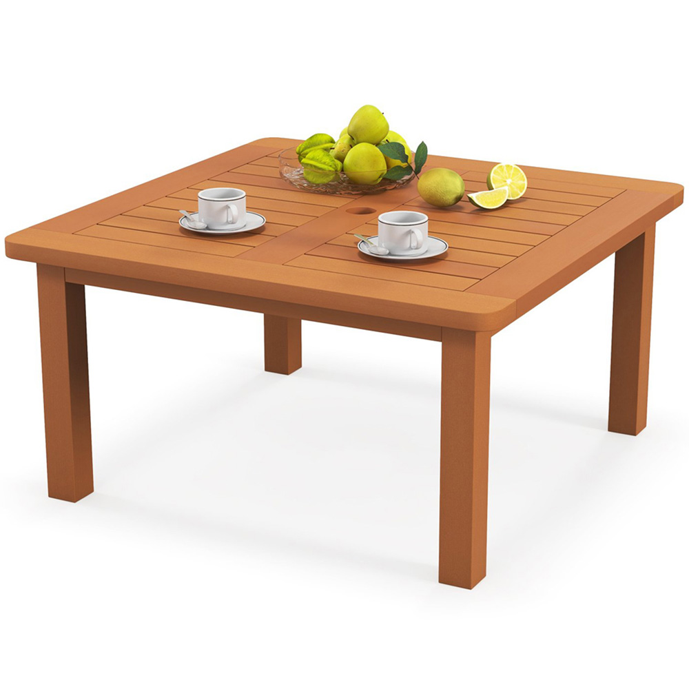 Costway Solid Wood Teak Oil Patio Coffee Table with Umbrella Hole Image 3