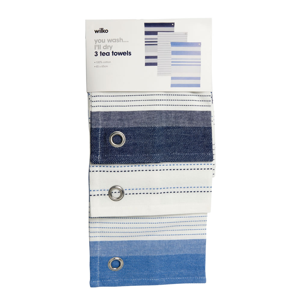 Wilko Blue and Cream Tea Towels 3 pack Image