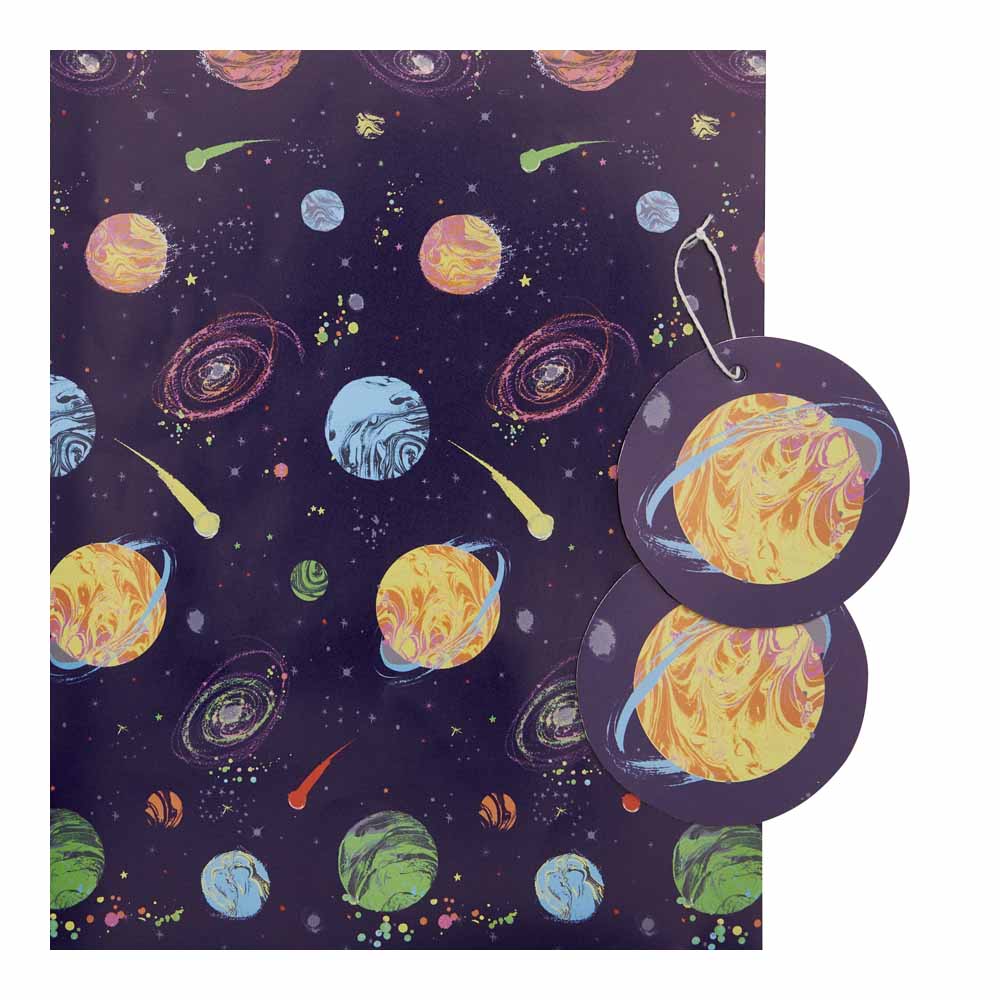Wilko Blue Planets and Star Design Gift Wrap with Tag 2 Pack Image