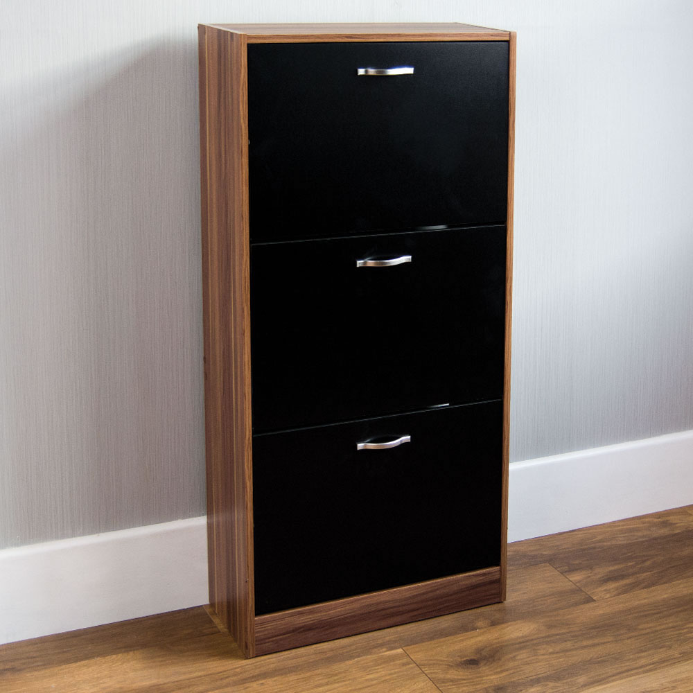 Vida Designs Walnut and Black 3 Drawer Shoe Cabinet Image 1