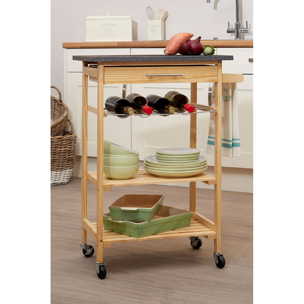 Large Pinewood Kitchen Trolley with 2 Shelves Image 3