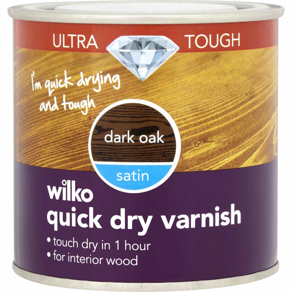 Wilko Ultra Tough Quick Dry Satin Varnish Dark Oak 250ml Image 1