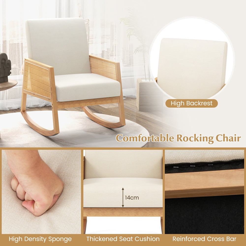 Costway Beige Upholstered Rocking Chair with Rattan Armrest Image 7