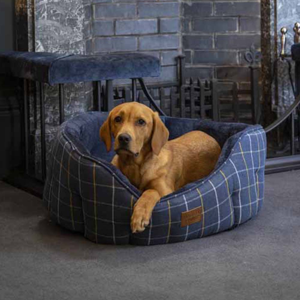 House Of Paws Navy Check Tweed Oval Snuggle Dog Bed Small Image 4