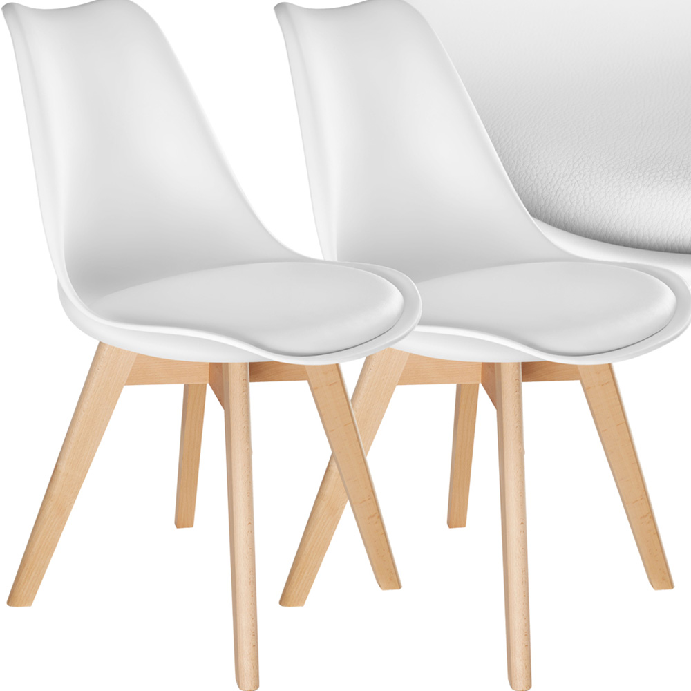 tectake Frederikke Set of 2 White Padded Dining Chair with Wooden Legs Image 2