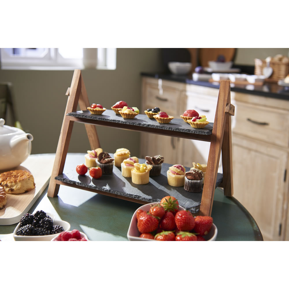 Kitchen Kraft 2 Tier Slate and Wood Serving Stand Image 2