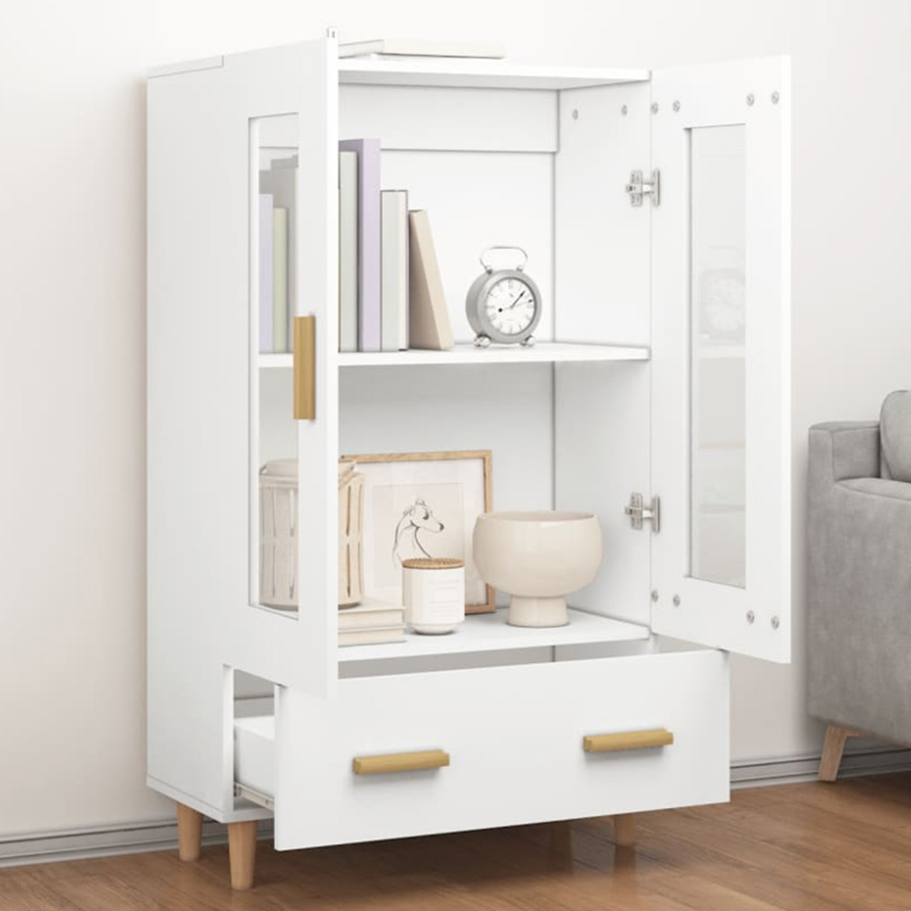 vidaXL 2 Glass Door Single Drawer White Highboard with Wood Legs Image
