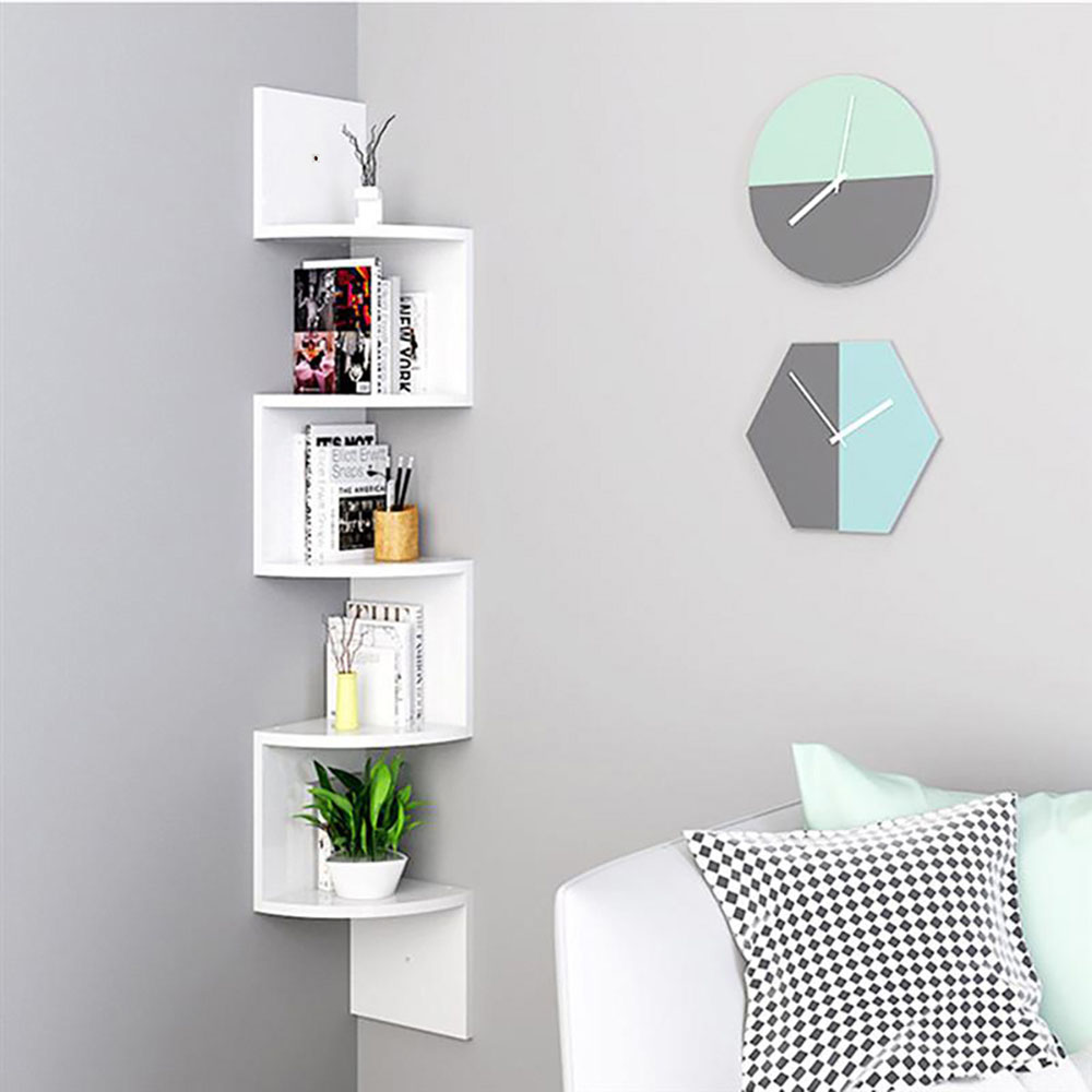 Living and Home 5 Tier White Wooden Zigzag Floating Corner Shelves Image 2