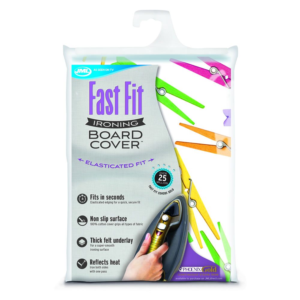 JML Fast Fit Ironing Board Cover 139 x 49cm  - wilko Fits almost any size board. Reflects heat. Non-slip surface. Fits in seconds. Spot Clean with a damp cloth as needed. Please Note: This product is an assorted line and the designs will be picked at random and may vary. Fits boards up to 139cm x 49cm. JML Fast Fit Ironing Board Cover 139 x 49cm