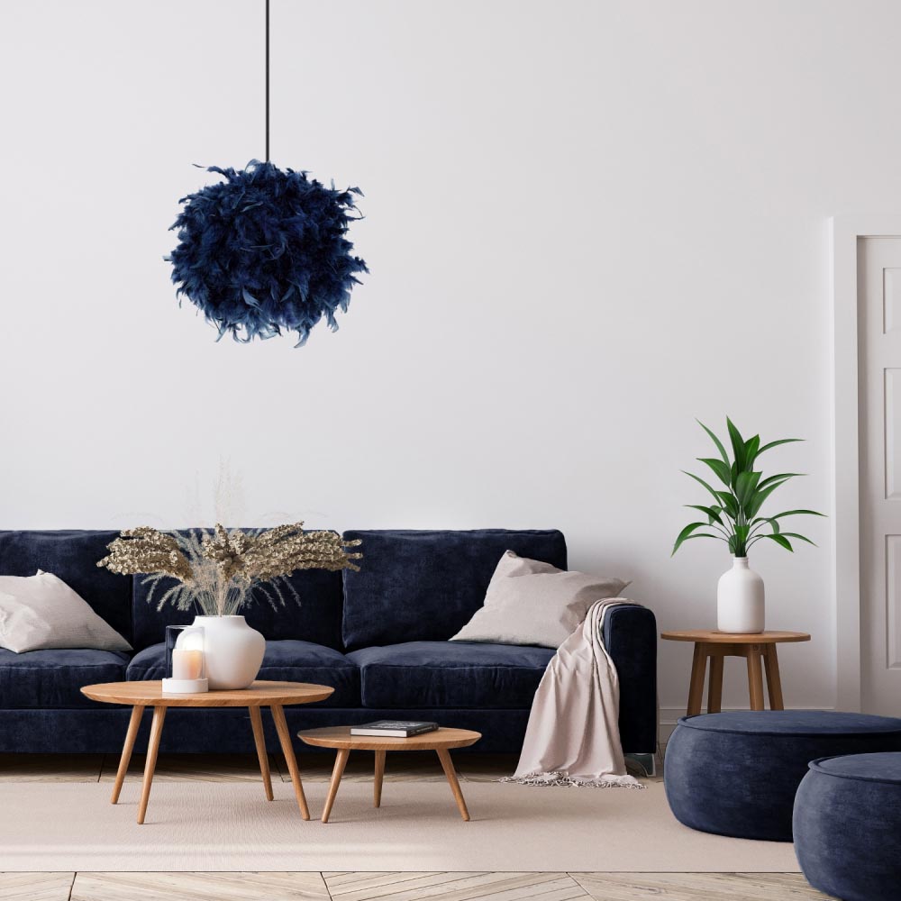 Happy Homewares Blue Real Feather Decorated Pendant Shade Large Image 2