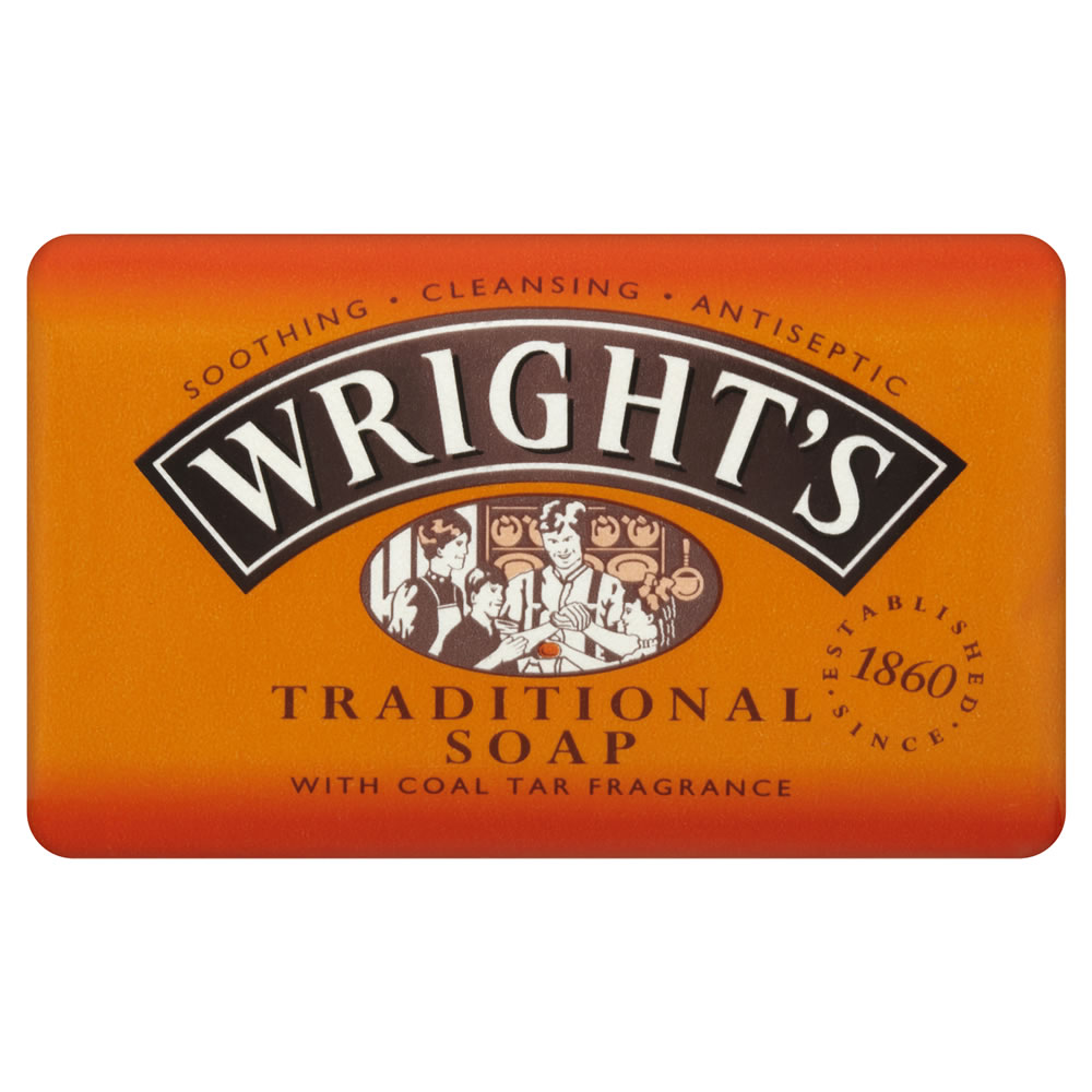 Wrights Traditional Coal Tar Soap 4 pack  - wilko Wright's Traditional Soap with Coal Tar Fragrance has been a family favourite for generations. This four pack of soothing, cleansing and antiseptic soap has been specially formulated for everyday skin  cleansing, being suitable for all skin types.   Created by William Valentine Wright in 1860, Wrights Traditional Coal Tar Soap has natural antiseptic properties and a fresh scent that'll remind you of  childhood! Wrights Traditional Coal Tar Soap 4 pack