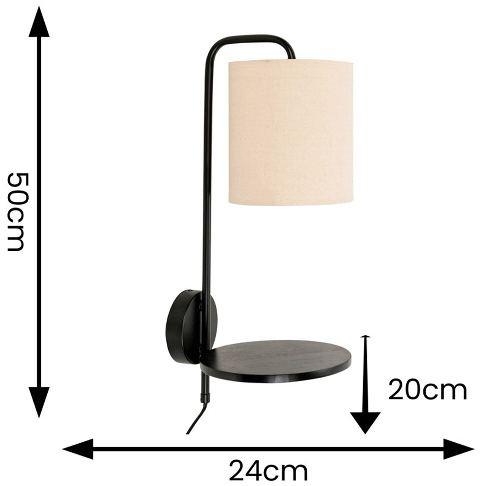 ValueLights Ryan Natural Linen Lamp Shade Black Metal LED Wall Light with Shelf Image 4