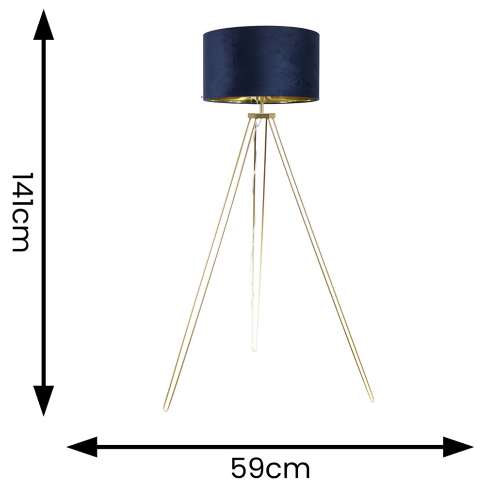 ValueLights Aero Gold Hairpin Tripod LED Floor Lamp with Navy and Gold Velvet Drum Lamp Shade Image 4