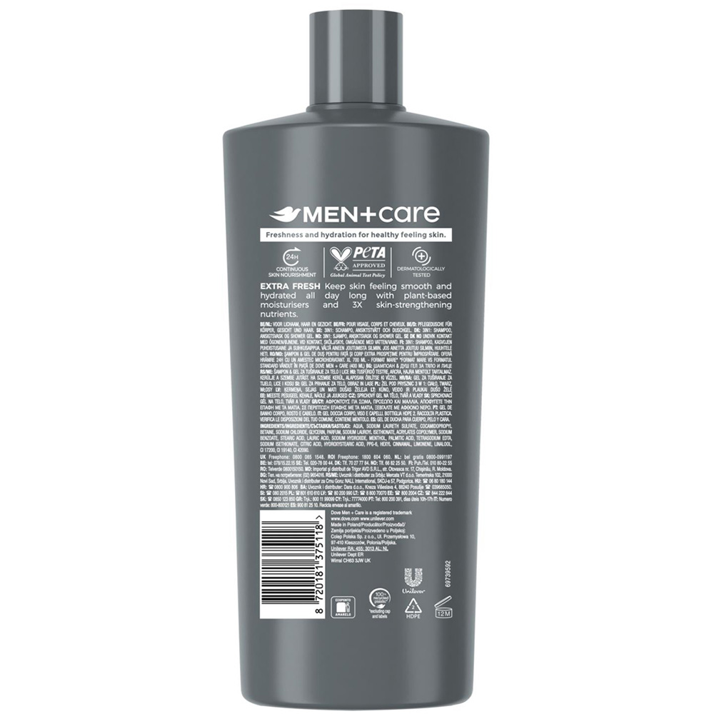 Dove Men + Care Refreshing Extra Fresh 3-in-1 Body Face and Hair Wash 700ml 3 Pack Image 3