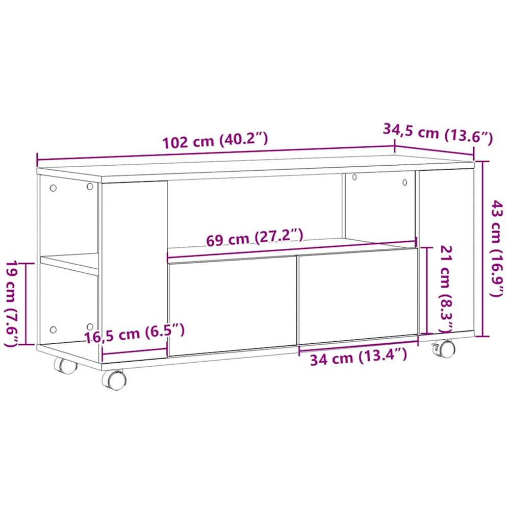 vidaXL 2 Drawer Single Open Shelf Sonoma Oak TV Cabinet with Wheels Image 9